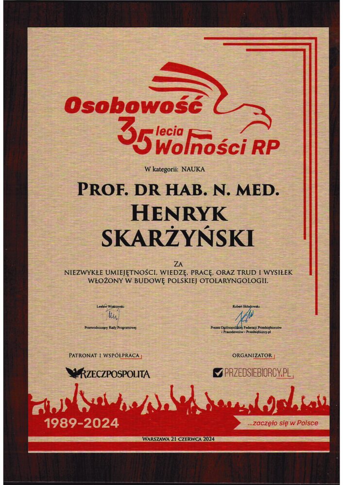 Dyplom dla prof. Henryka Skarżyńskiego 